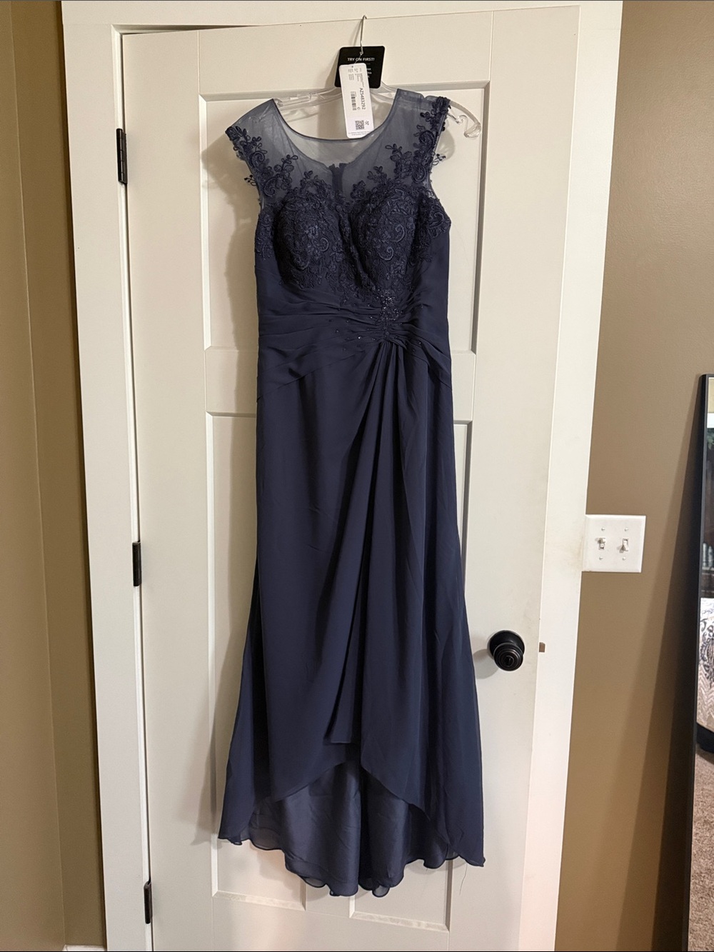 Azazie Navy Blue High-Low Lace Bodice Evening Dress